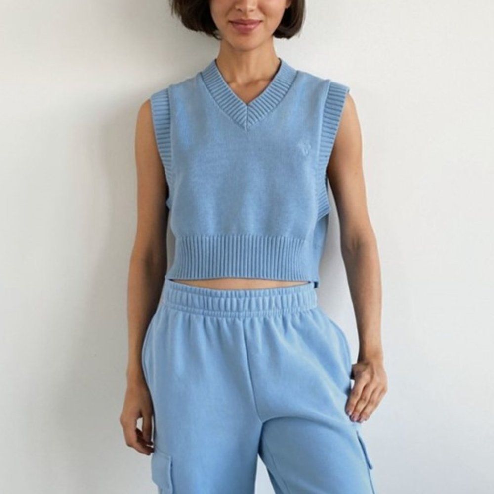 TNA Marcy Crop Light Blue V-Neck Sweater Vest